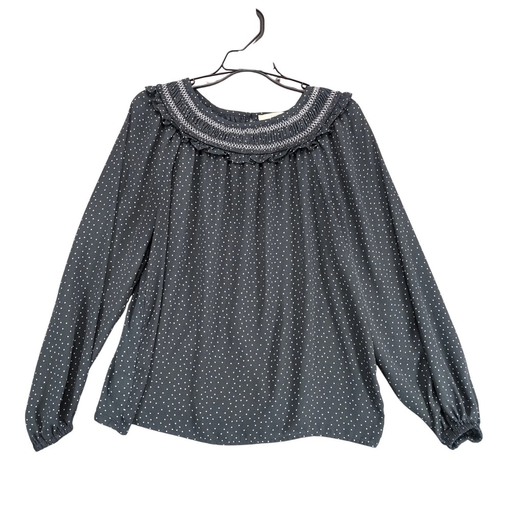 Loft Dotted Smocked Mixed Media Blouse Top Sz M Gray Ruffle, Long Puff Sleeve